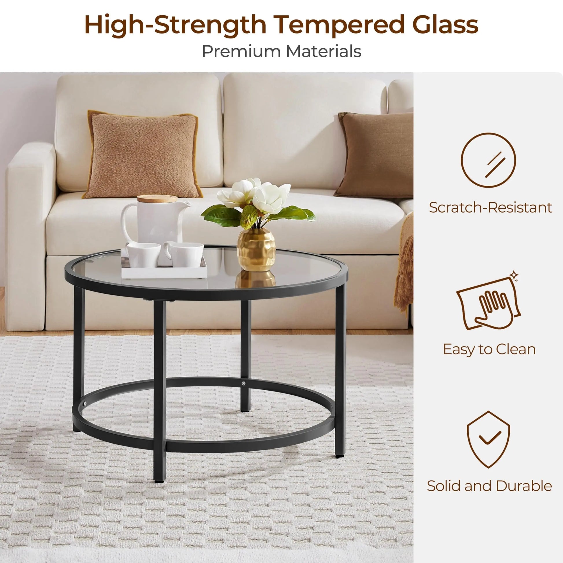 27.6" Round Glass Coffee Table with Black Metal Frame for Living Room, Office, or Apartment - Ruche Bee