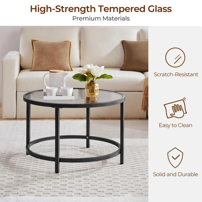 27.6" Round Glass Coffee Table with Black Metal Frame for Living Room, Office, or Apartment - Ruche Bee