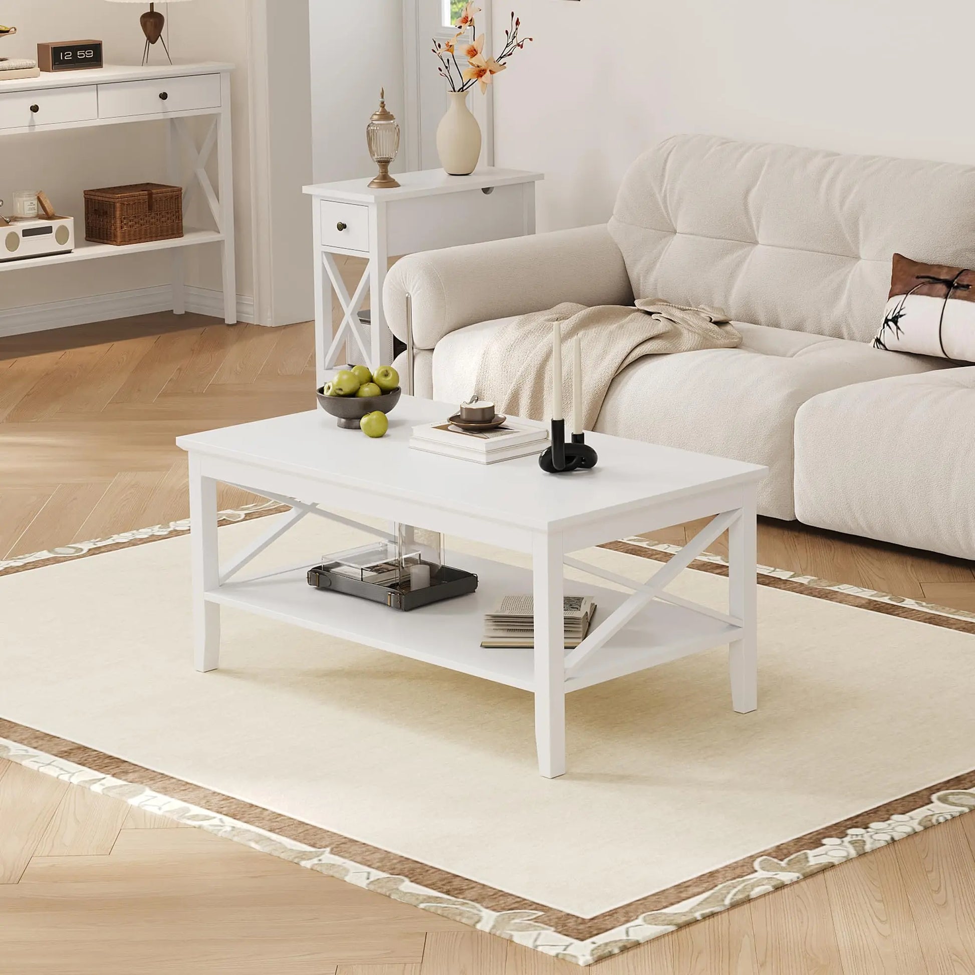 White Rectangular Coffee Table with X Design and Storage Shelf, 39 Inch Modern Living Room Table ChooChoo