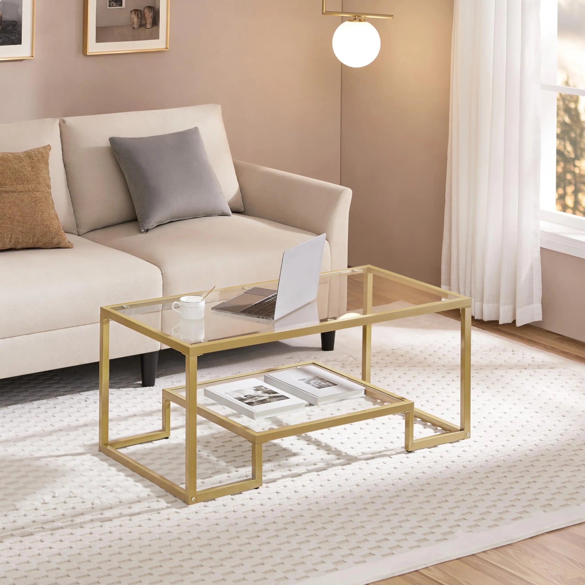 42" Rectangular Glass Coffee Table with Gold Metal Frame, 2-Tier Center Table for Living Room, Office, or Small Spaces Yaheetech