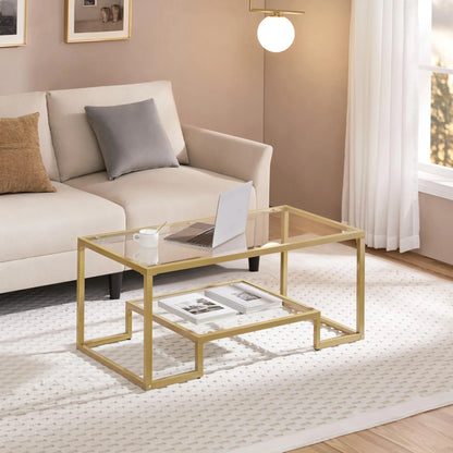 42" Rectangular Glass Coffee Table with Gold Metal Frame, 2-Tier Center Table for Living Room, Office, or Small Spaces Yaheetech