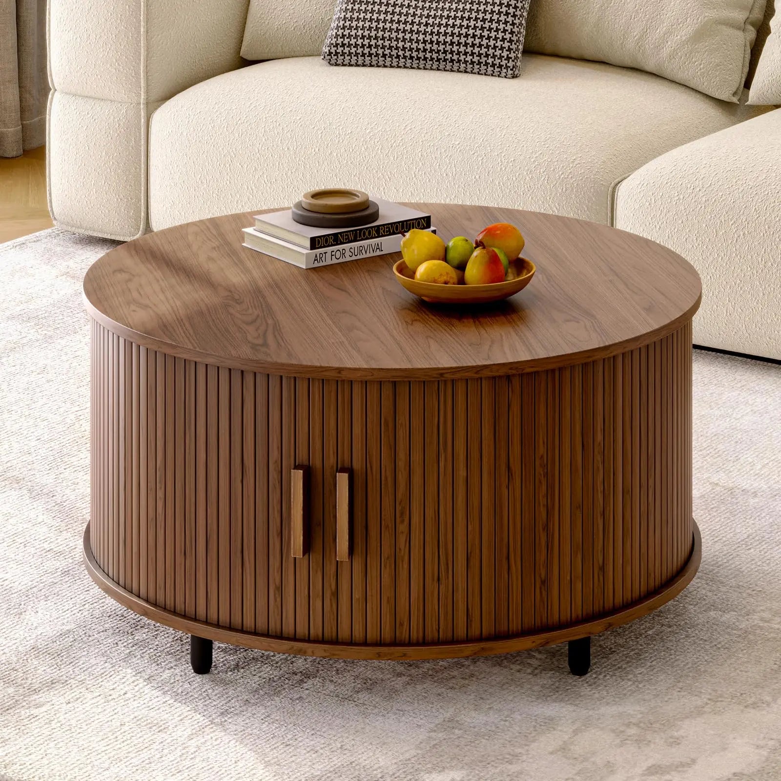 Round Coffee Table with Storage, 31.5" Modern Fluted Wood Table with 360° Sliding Door and Adjustable Footpads, Walnut ONBRILL