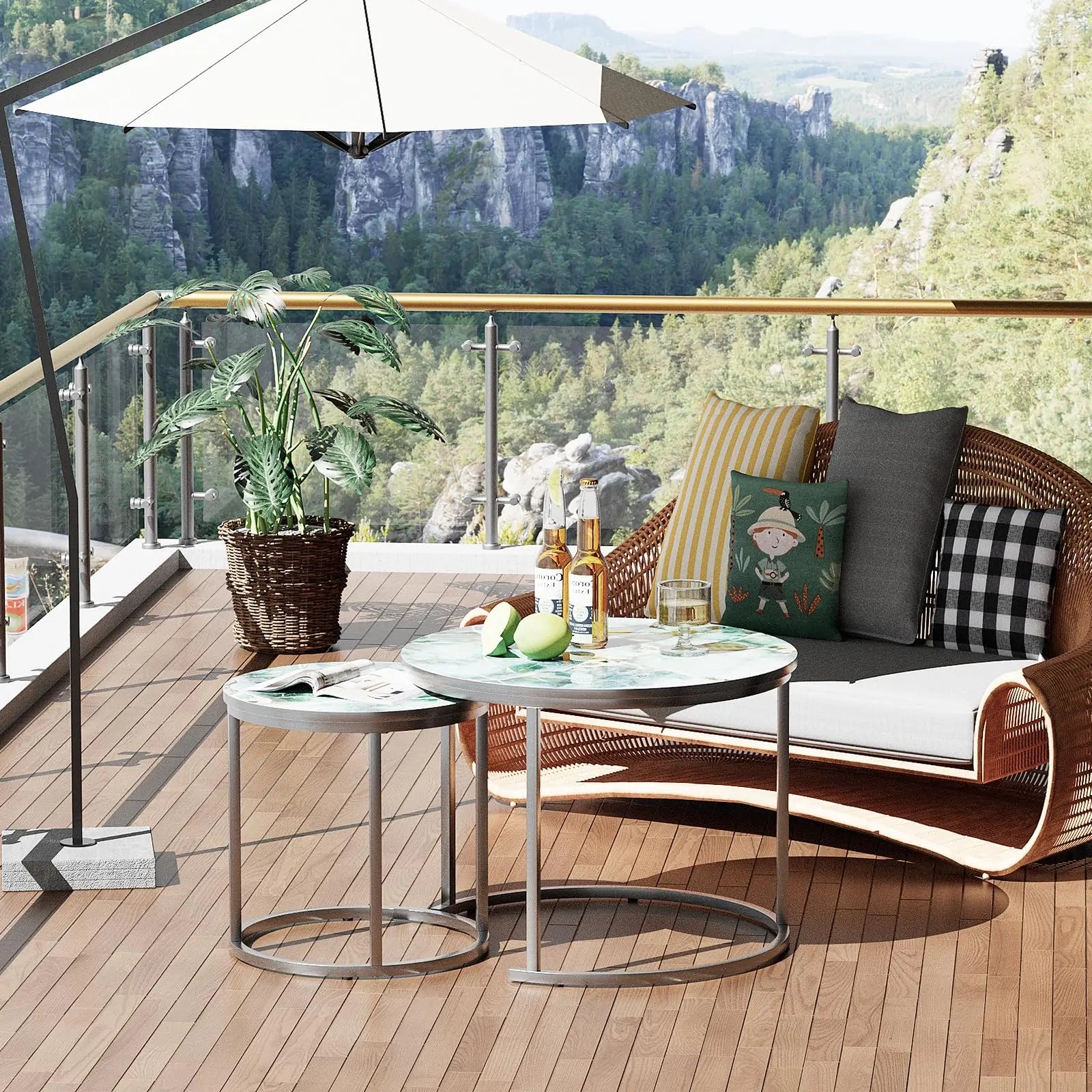 Nesting Coffee Table Set of 2, Round Green Art Top Tables with Sturdy Metal Frame for Living Room or Bedroom, Modern Industrial Style aboxoo