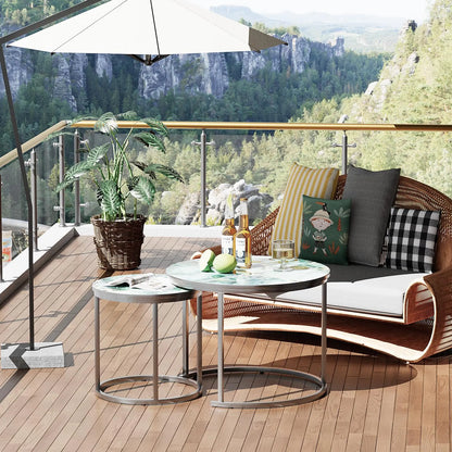 Nesting Coffee Table Set of 2, Round Green Art Top Tables with Sturdy Metal Frame for Living Room or Bedroom, Modern Industrial Style aboxoo