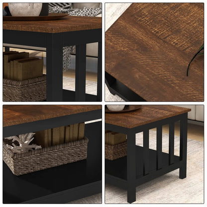 Black Farmhouse Coffee Table with Shelf, 40 Inch Living Room Table ChooChoo
