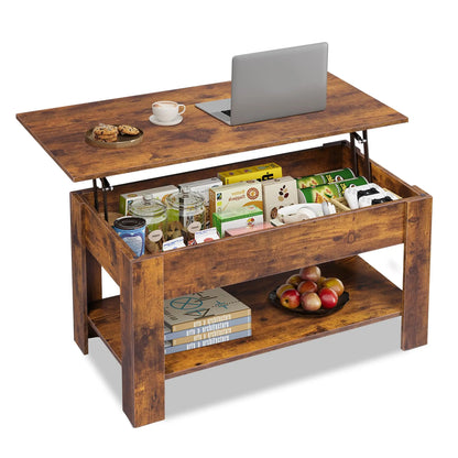 39" Lift Top Coffee Table with Hidden Compartment and Storage Shelf for Living Room or Office, Rustic Brown WLIVE