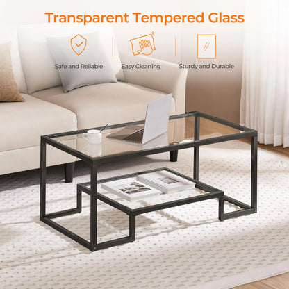 Yaheetech Coffee Table, Tempered Glass Coffee Table, Modern Simple Center Tables w/Geometric-Inspired Design & Metal-Frame & Easy Assembly & Open Storage Shelf for Living Room, Office, Black Yaheetech
