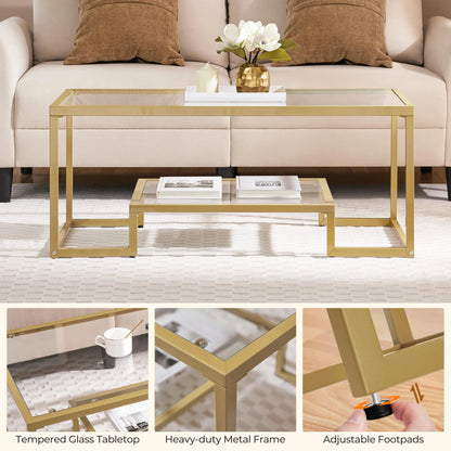 42" Rectangular Glass Coffee Table with Gold Metal Frame, 2-Tier Center Table for Living Room, Office, or Small Spaces Yaheetech