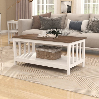 White Farmhouse Coffee Table with Shelf, 40 Inch Living Room Table ChooChoo