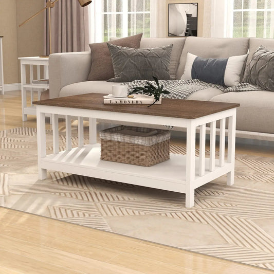 White Farmhouse Coffee Table with Shelf, 40 Inch Living Room Table - Ruche Bee