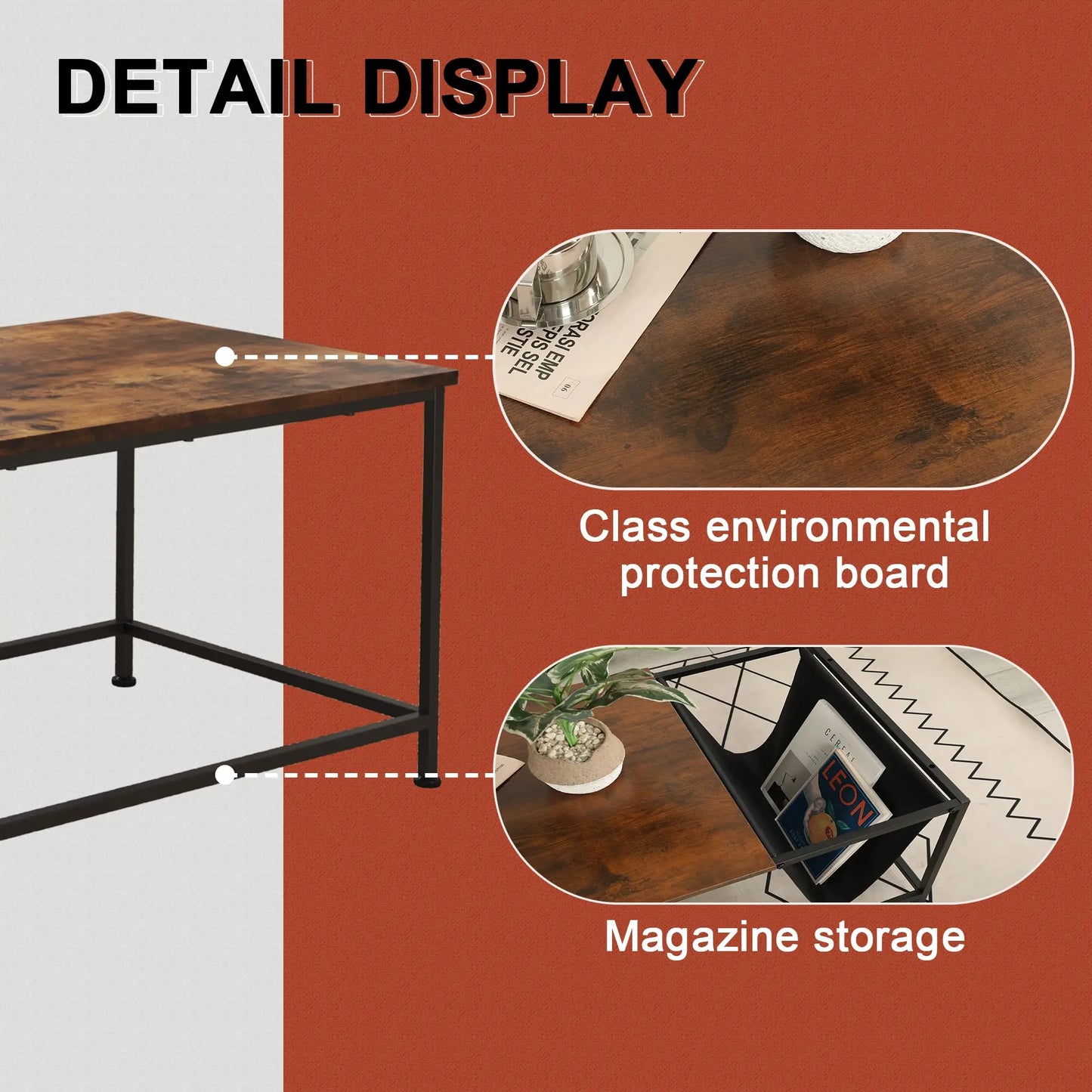 Brown Rectangle Wood and Metal Coffee Table with Storage Shelf for Small Living Rooms - Ruche Bee