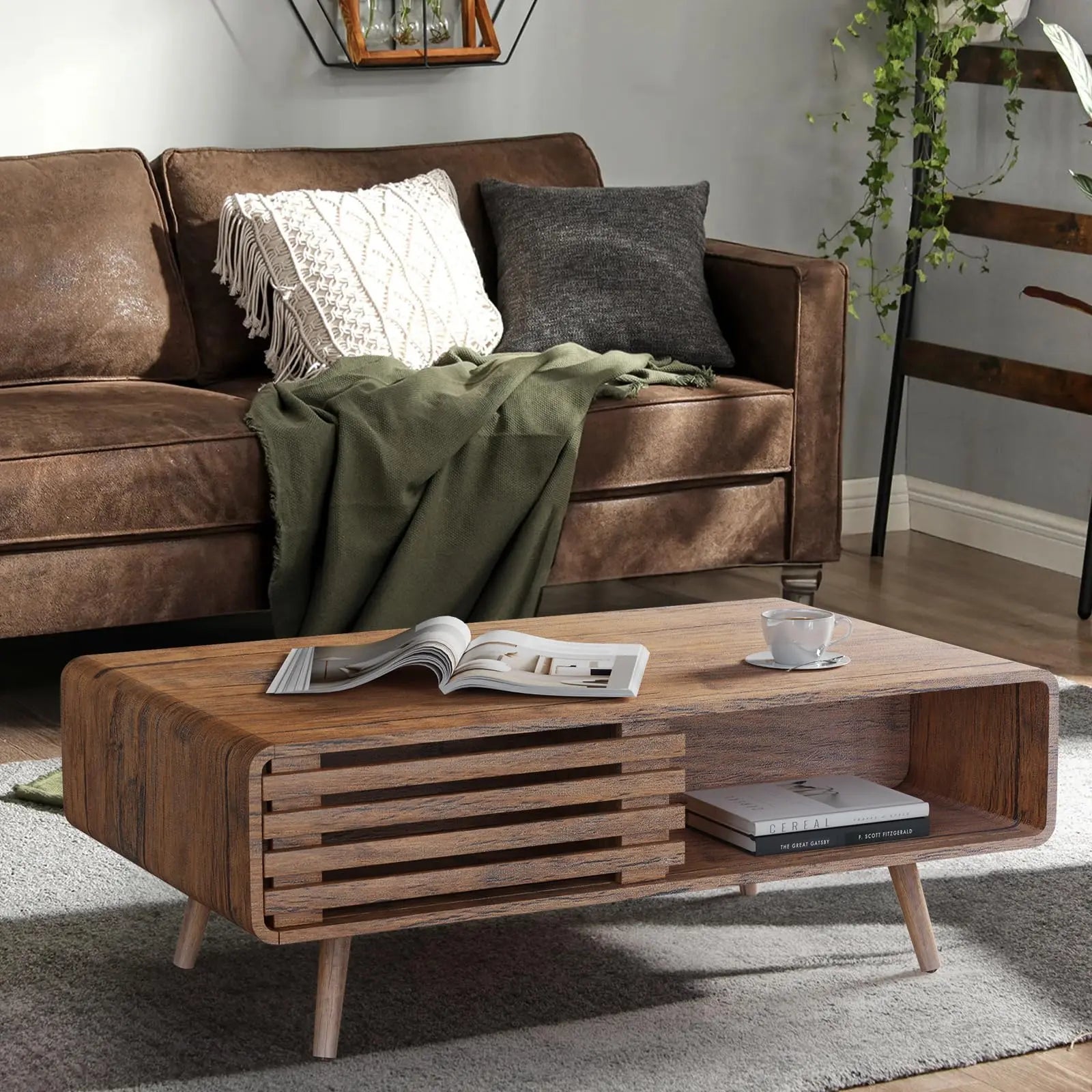 Farmhouse Wood Coffee Table with Storage for Living Room, Easy Assembly, Walnut Easyego