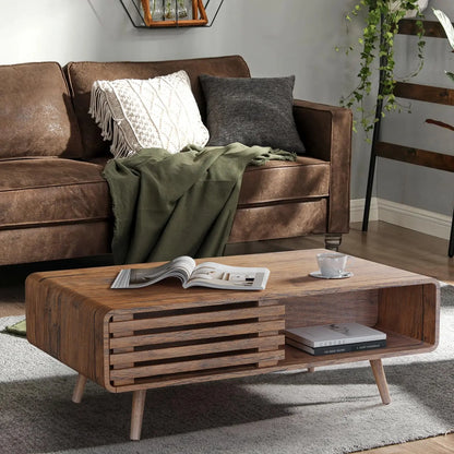 Farmhouse Wood Coffee Table with Storage for Living Room, Easy Assembly, Walnut Easyego