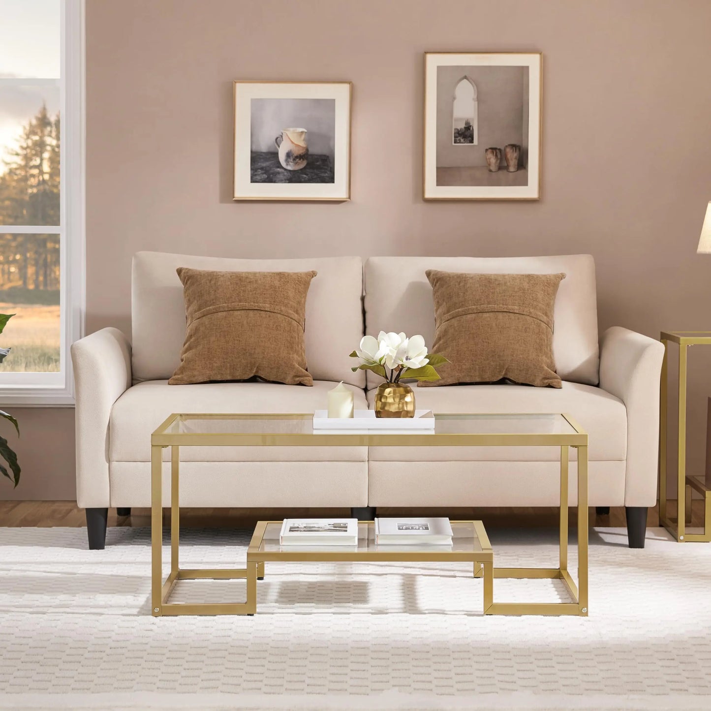 42" Rectangular Glass Coffee Table with Gold Metal Frame, 2-Tier Center Table for Living Room, Office, or Small Spaces Yaheetech