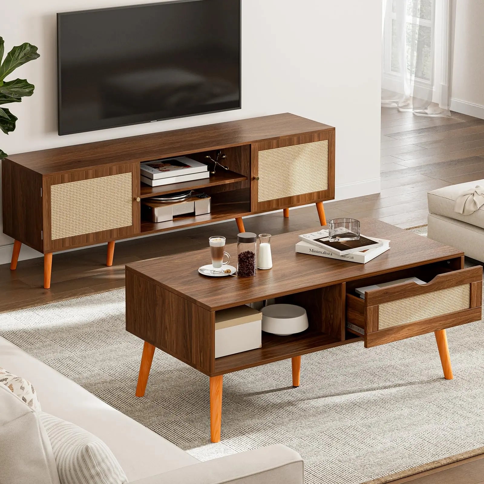 Boho Coffee Table with Rattan Drawer and Solid Wood Legs, Small Living Room Table with Storage, Walnut ZttRiee