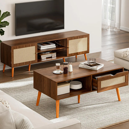 Boho Coffee Table with Rattan Drawer and Solid Wood Legs, Small Living Room Table with Storage, Walnut ZttRiee