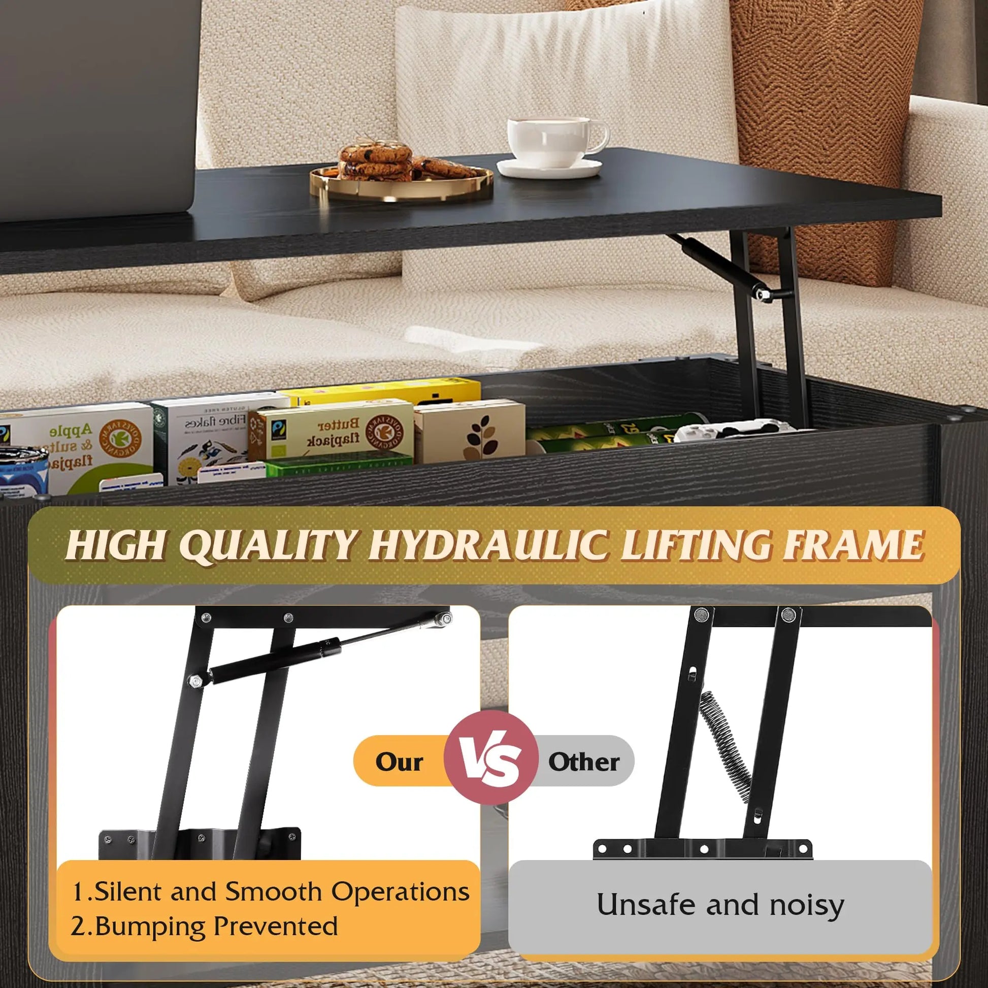 39" Lift Top Coffee Table with Hidden Compartment and Storage Shelf for Living Room or Office, Black Oak WLIVE