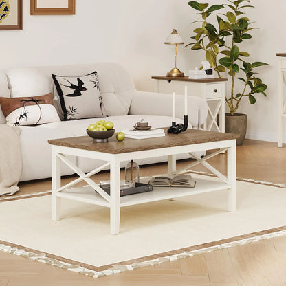 White Wooden Farmhouse Coffee Table with Thick Legs and Storage for Living Room ChooChoo