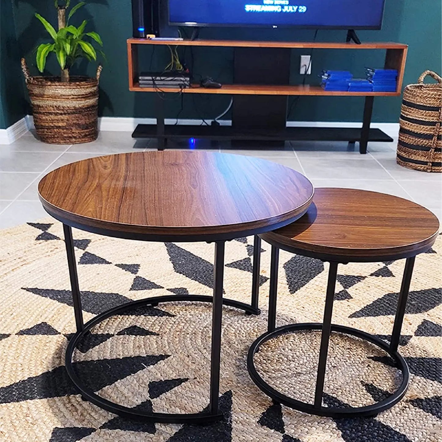 Nesting Coffee Table Set of 2, Round End Tables with Sturdy Metal Frame for Living Room or Bedroom, Modern Industrial Style aboxoo