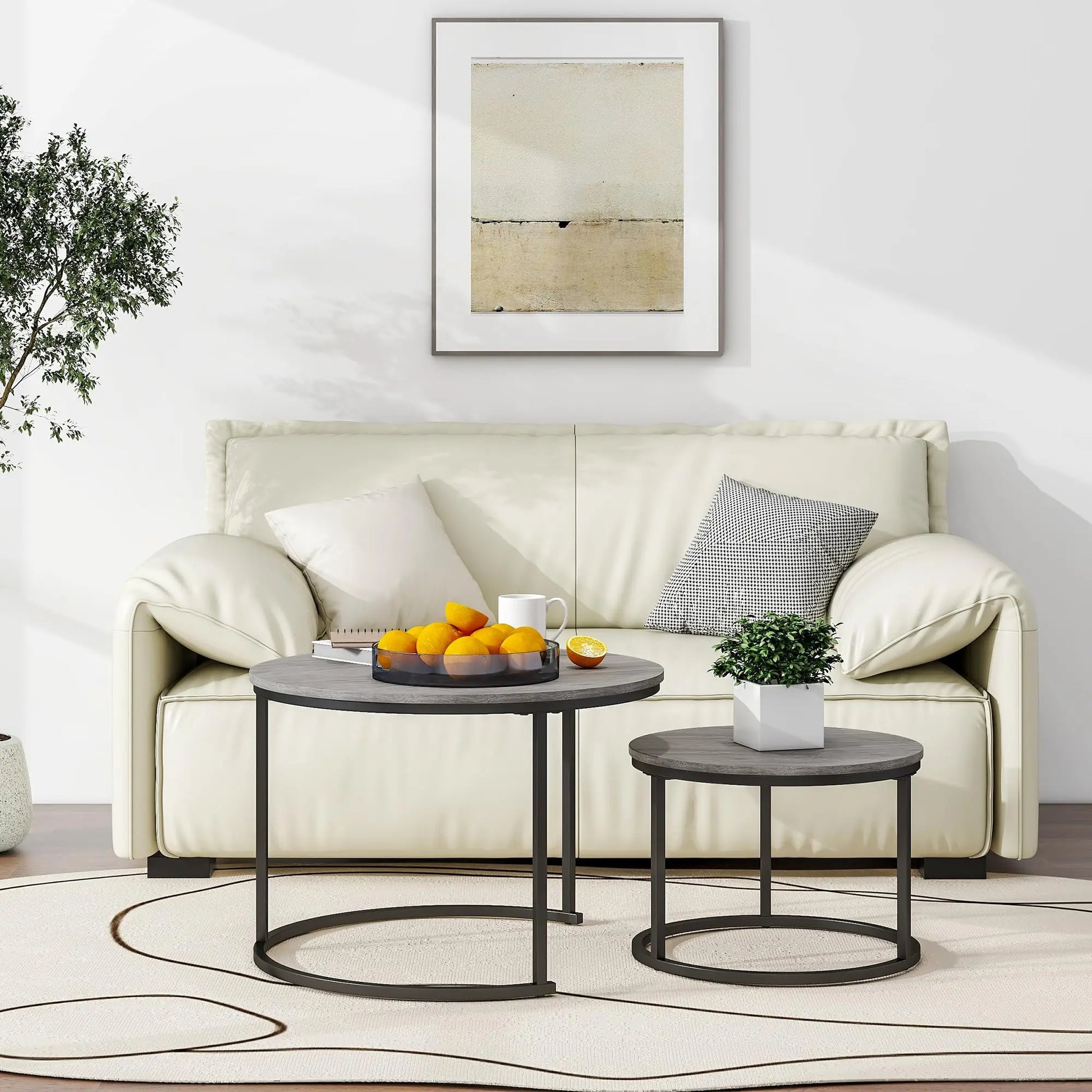 Nesting Round Coffee Table Set of 2, Wooden Accent Tables with Metal Frame for Living Room, Stacking Side Tables, Black/Warm Grey HOJINLINERO