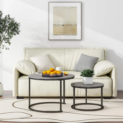 Nesting Round Coffee Table Set of 2, Wooden Accent Tables with Metal Frame for Living Room, Stacking Side Tables, Black/Warm Grey HOJINLINERO