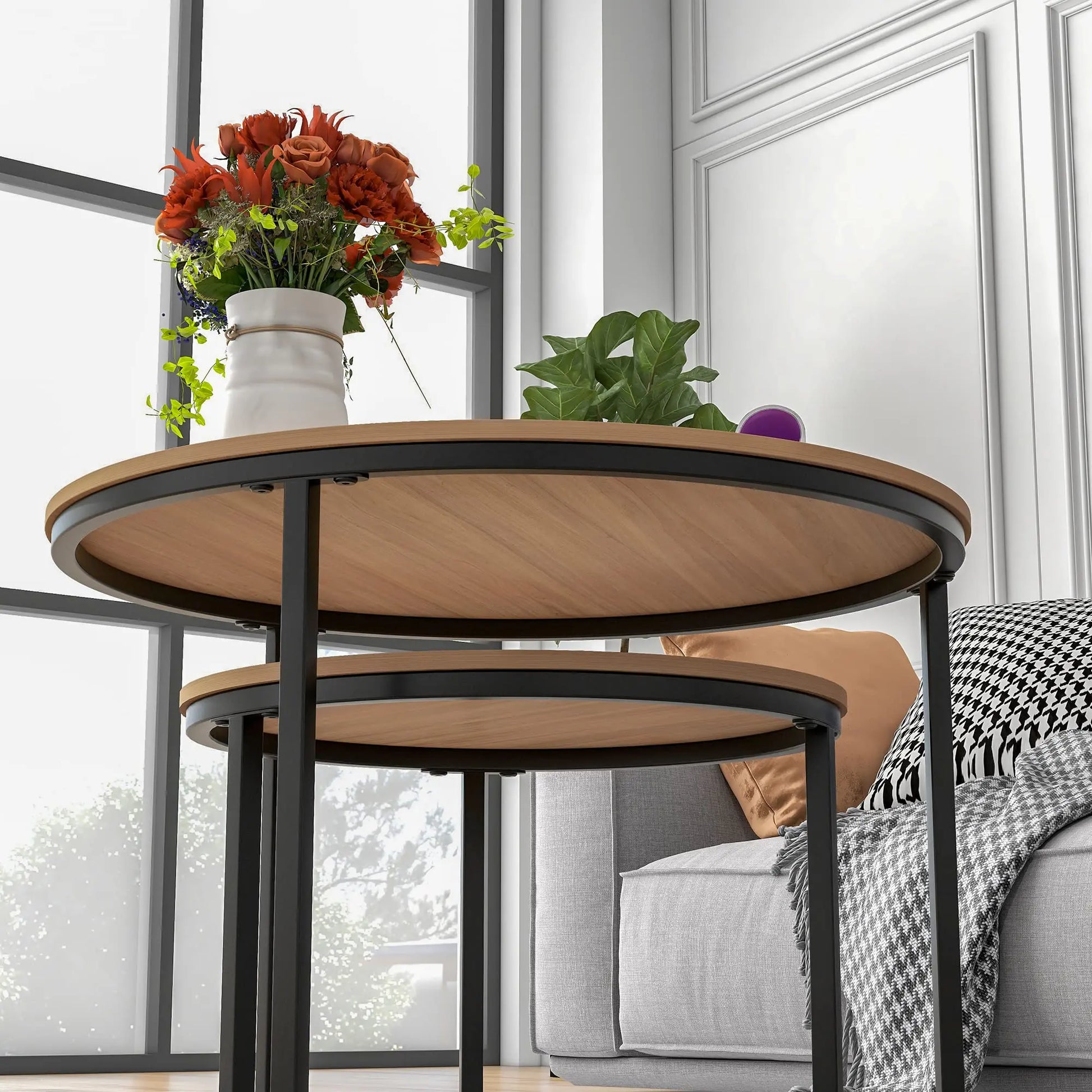 Industrial Round Coffee Table Set of 2, Stacking Side Tables with Wood-Look Top and Metal Frame for Living Room, Black/Teak HOJINLINERO