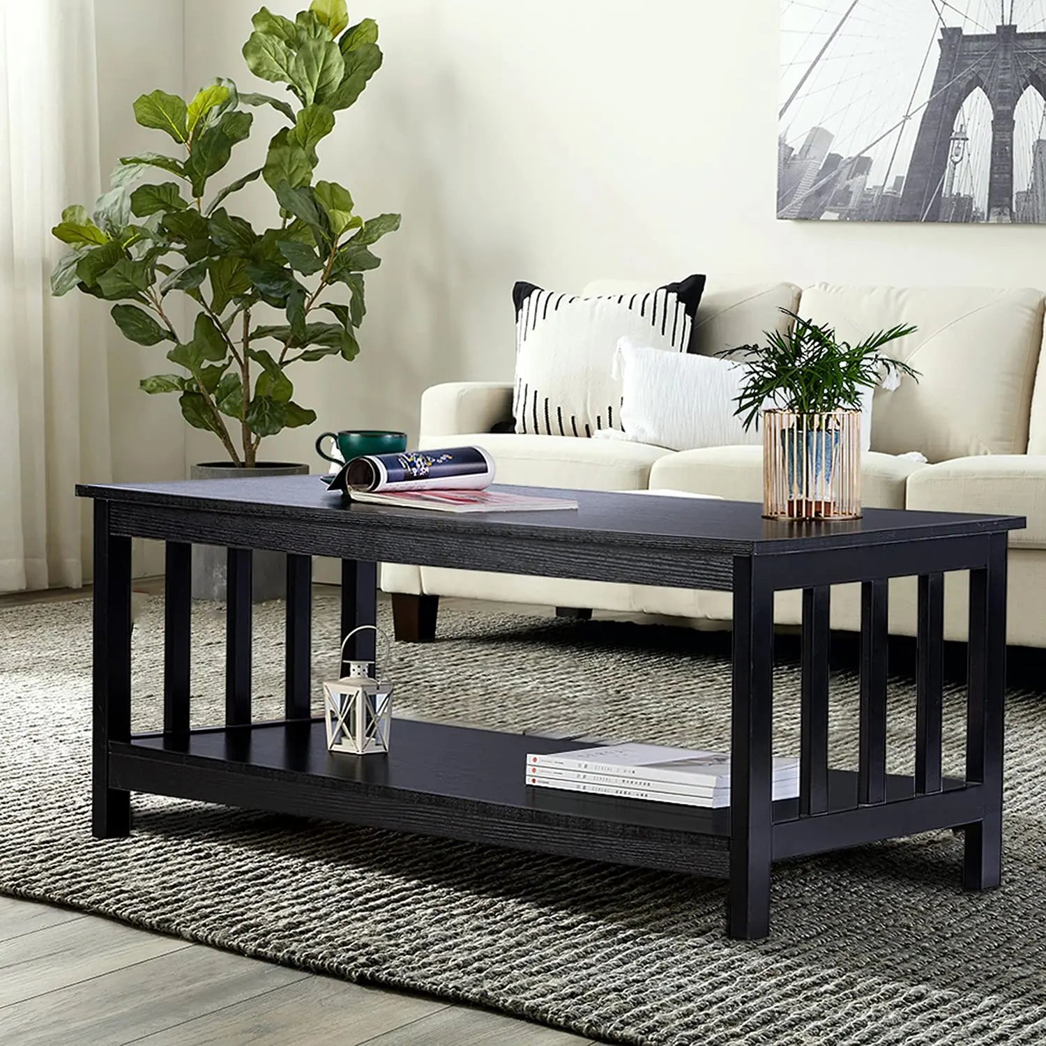 Black Wood Mission Coffee Table with Shelf, 40 Inch Living Room Table ChooChoo