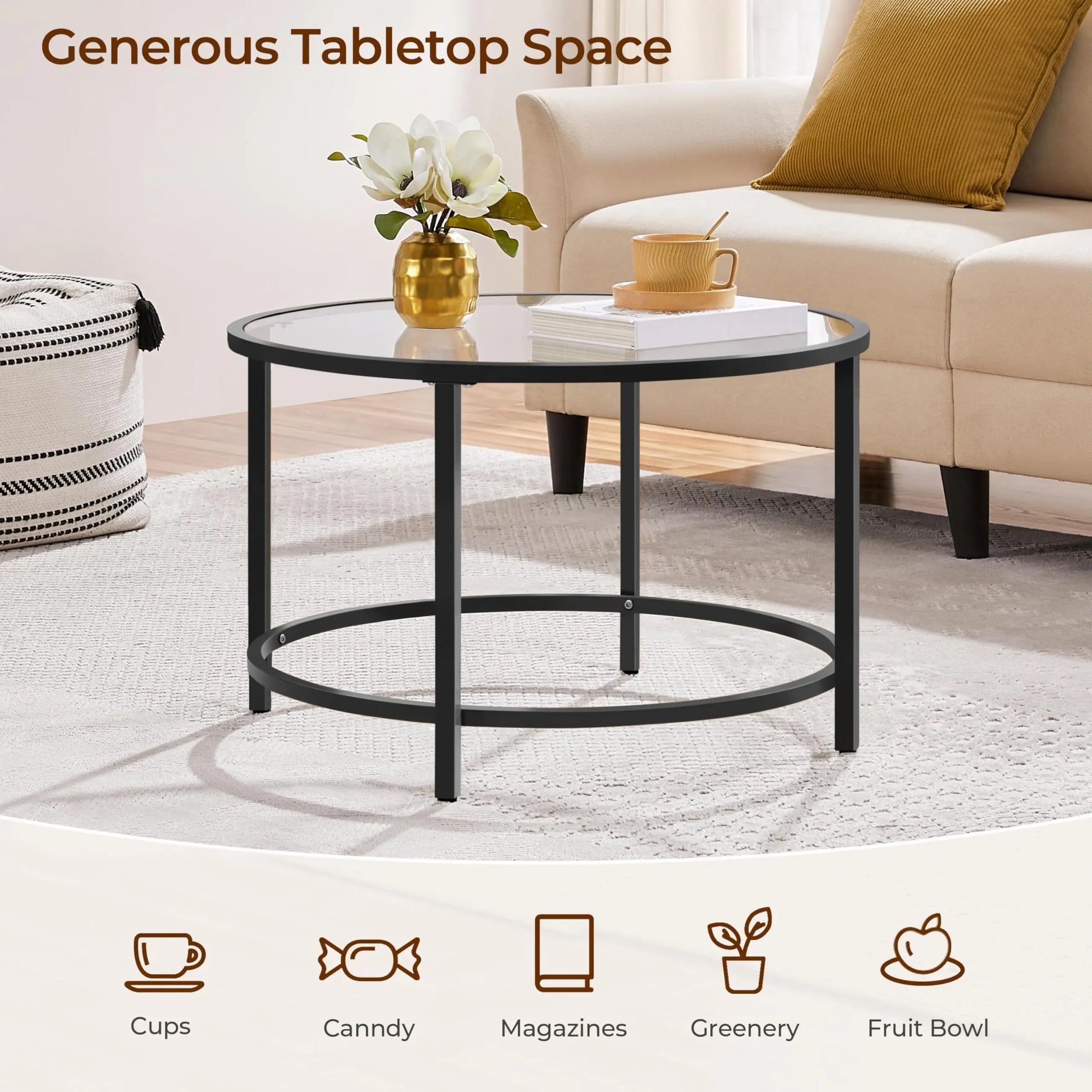 27.6" Round Glass Coffee Table with Black Metal Frame for Living Room, Office, or Apartment - Ruche Bee