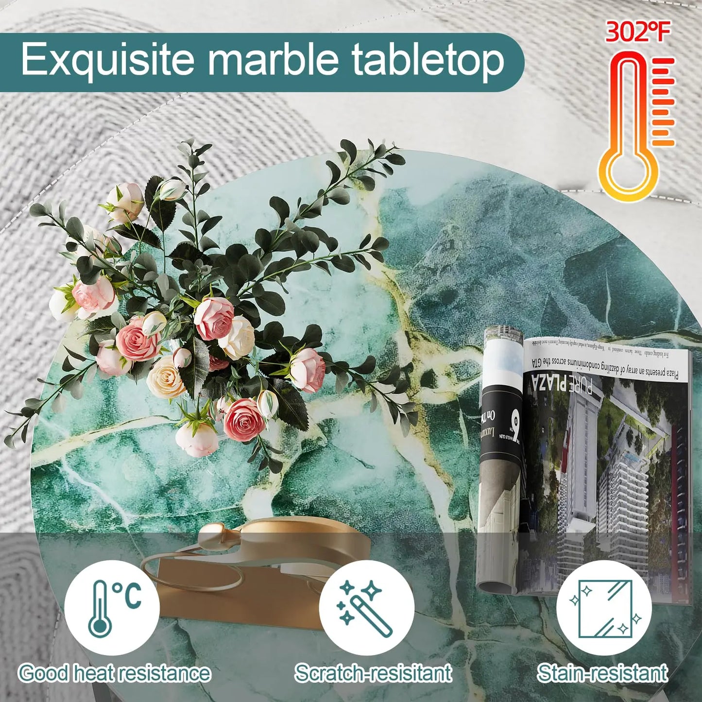 Nesting Coffee Table Set of 2, Round Green Art Top Tables with Sturdy Metal Frame for Living Room or Bedroom, Modern Industrial Style aboxoo