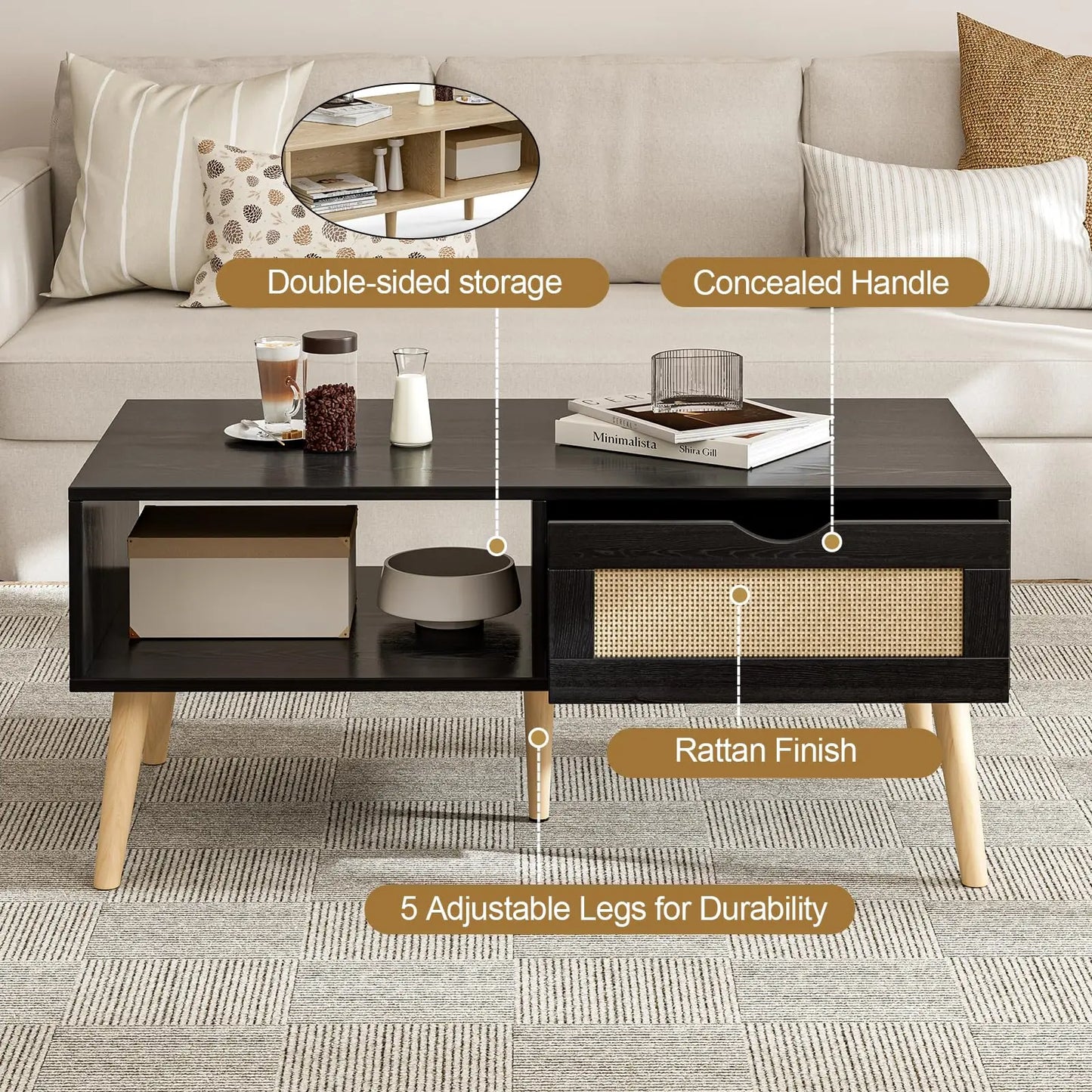 Boho Coffee Table with Sliding Rattan Door and Solid Wood Legs, Small Living Room Table with Storage, Black ZttRiee