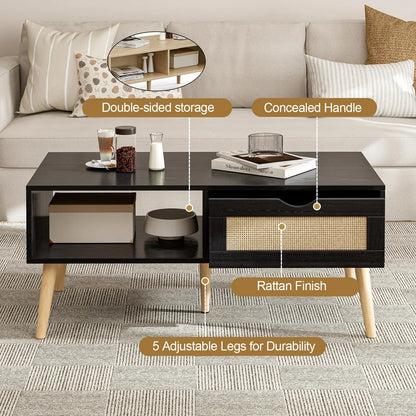 Boho Coffee Table with Sliding Rattan Door and Solid Wood Legs, Small Living Room Table with Storage, Black ZttRiee