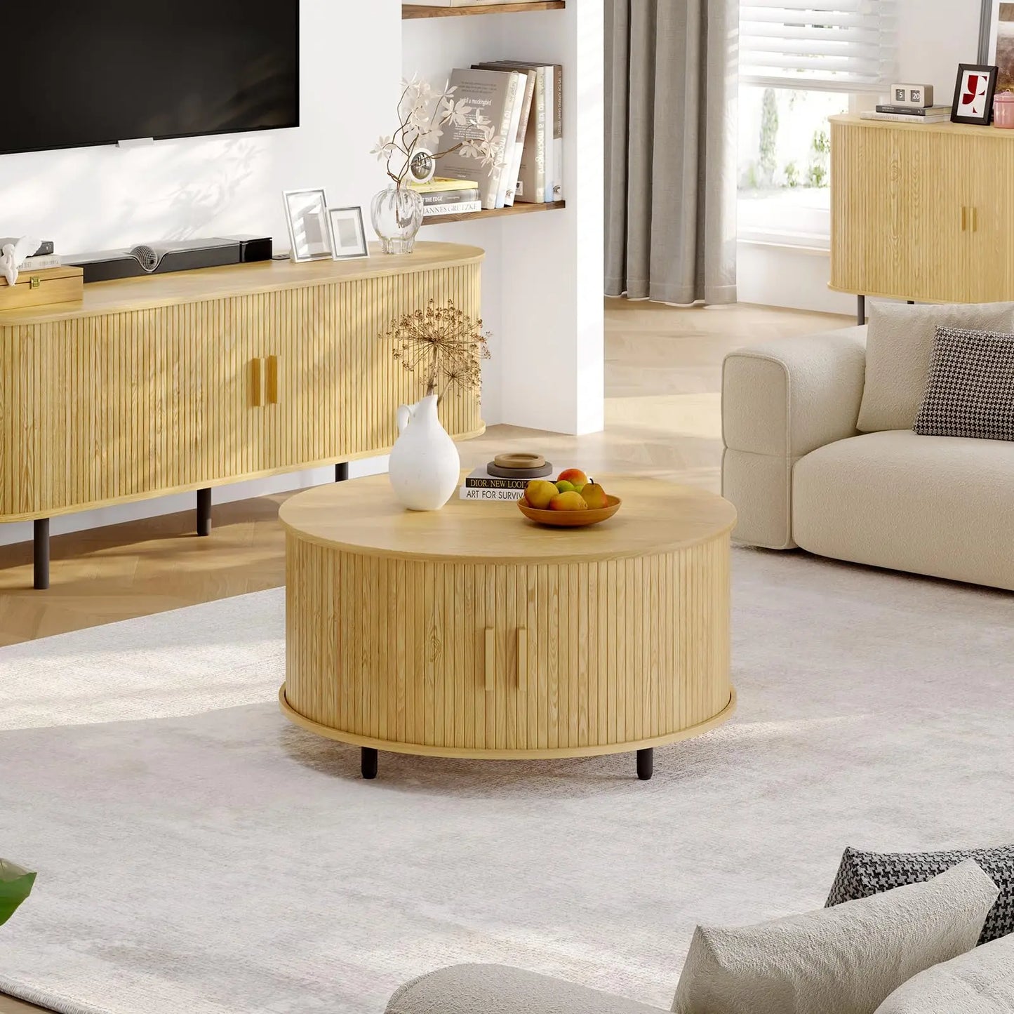 Round Coffee Table with Storage, 31.5" Modern Fluted Wood Table with 360° Sliding Door and Adjustable Footpads, Oak ONBRILL