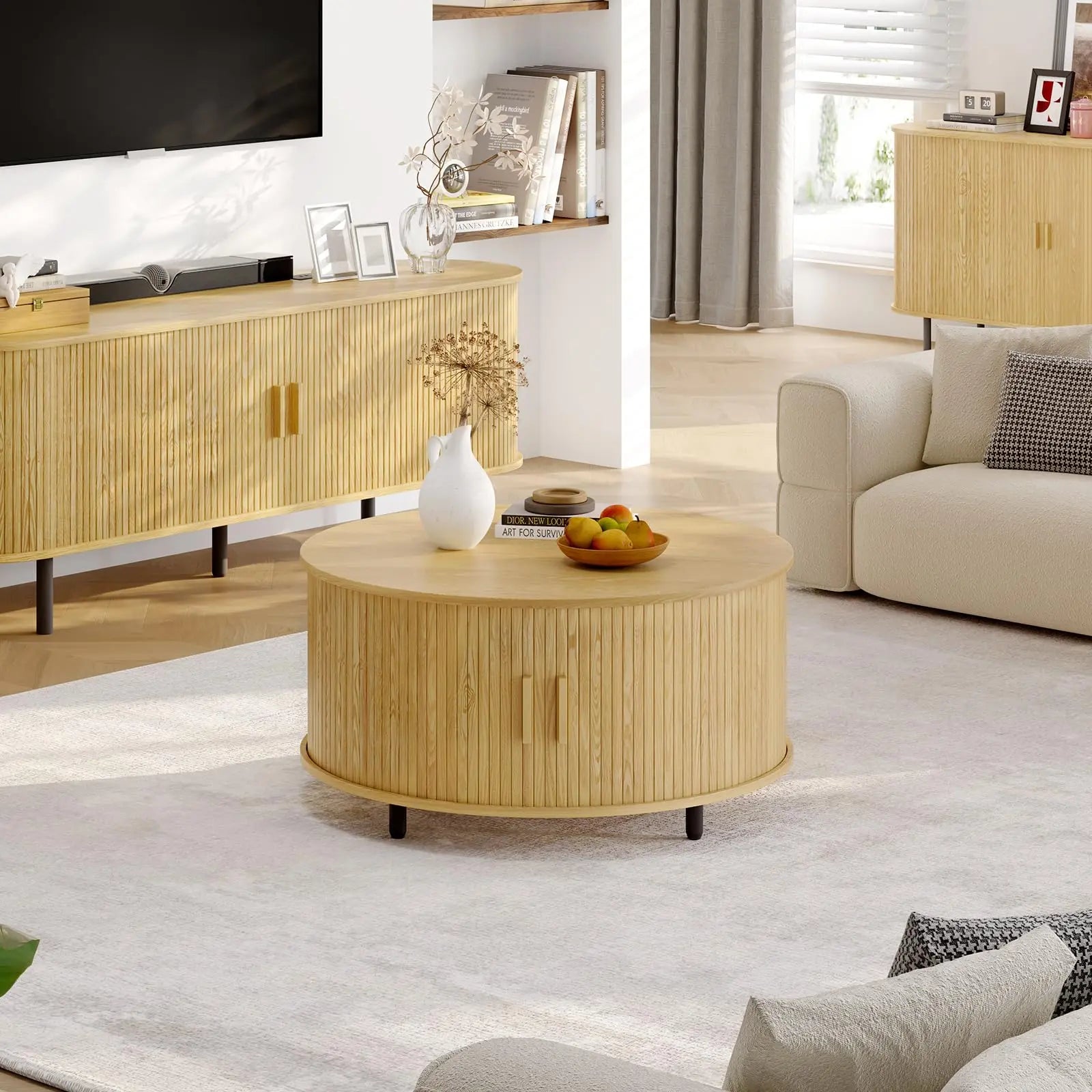 Round Coffee Table with Storage, 31.5" Modern Fluted Wood Table with 360° Sliding Door and Adjustable Footpads, Oak ONBRILL