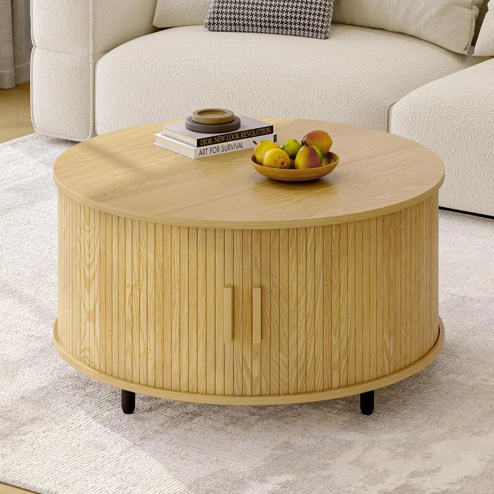 Round Coffee Table with Storage, 31.5" Modern Fluted Wood Table with 360° Sliding Door and Adjustable Footpads, Oak ONBRILL