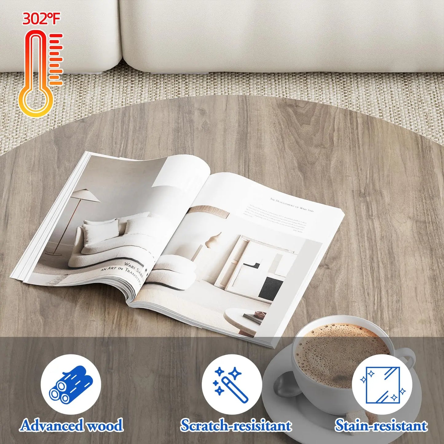 Nesting Coffee Table Set of 2, Round End Tables with Sturdy Metal Frame for Living Room or Bedroom, Oak aboxoo