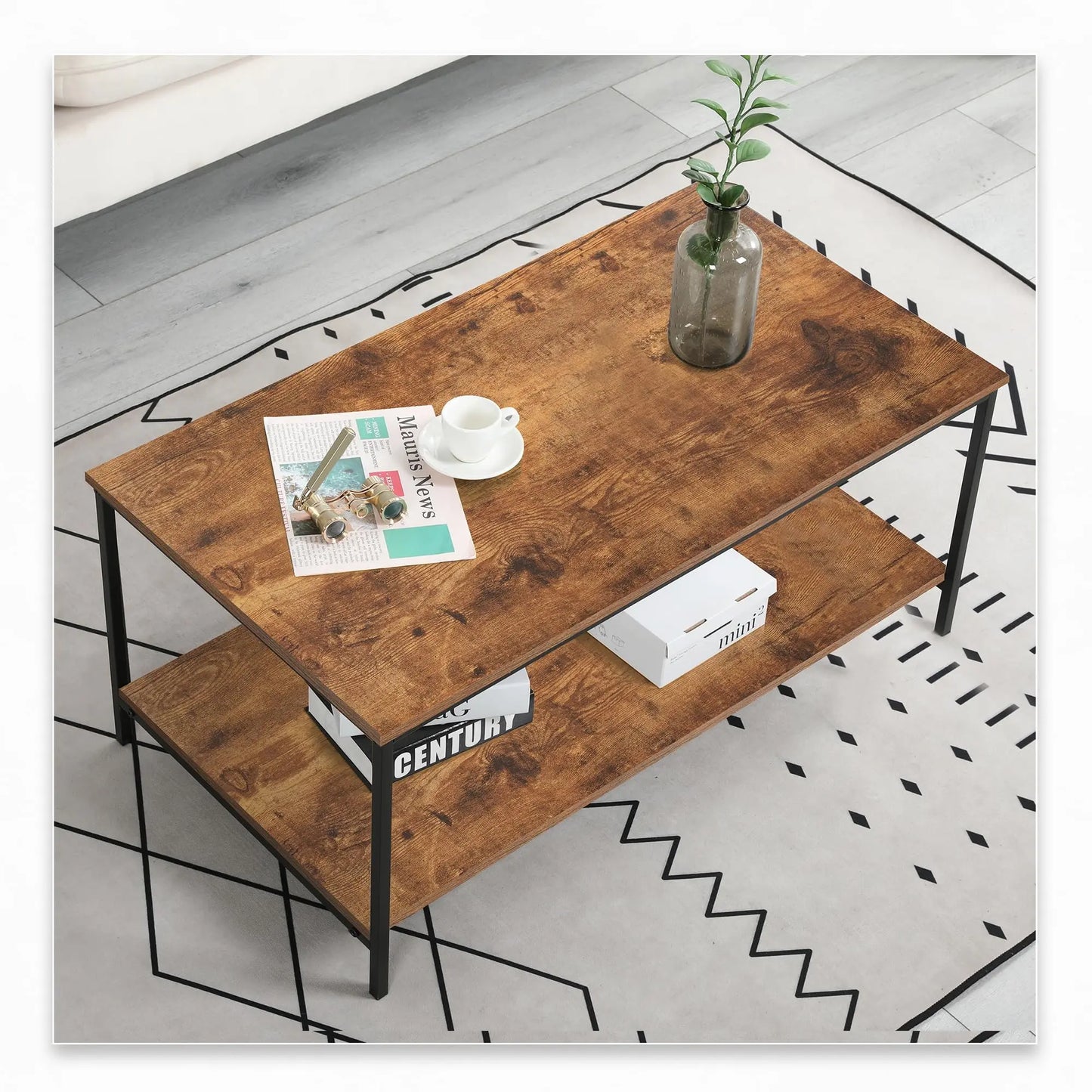 2-Tier Coffee Table with Storage Shelf, Brown Wood and Metal Frame Rectangle Table for Living Room, 39.3"x20"x16" SENIG