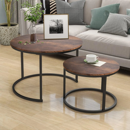 Industrial Round Coffee Table Set of 2, Stacking Side Tables with Wood-Look Top and Metal Frame for Living Room, Black/Rustic Brown HOJINLINERO