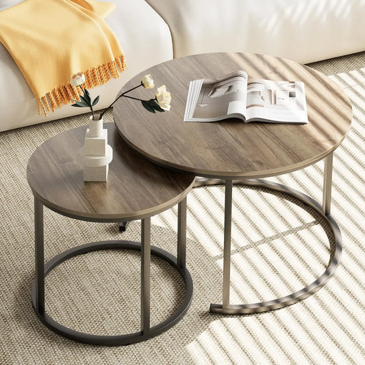 Nesting Coffee Table Set of 2, Round End Tables with Sturdy Metal Frame for Living Room or Bedroom, Oak aboxoo