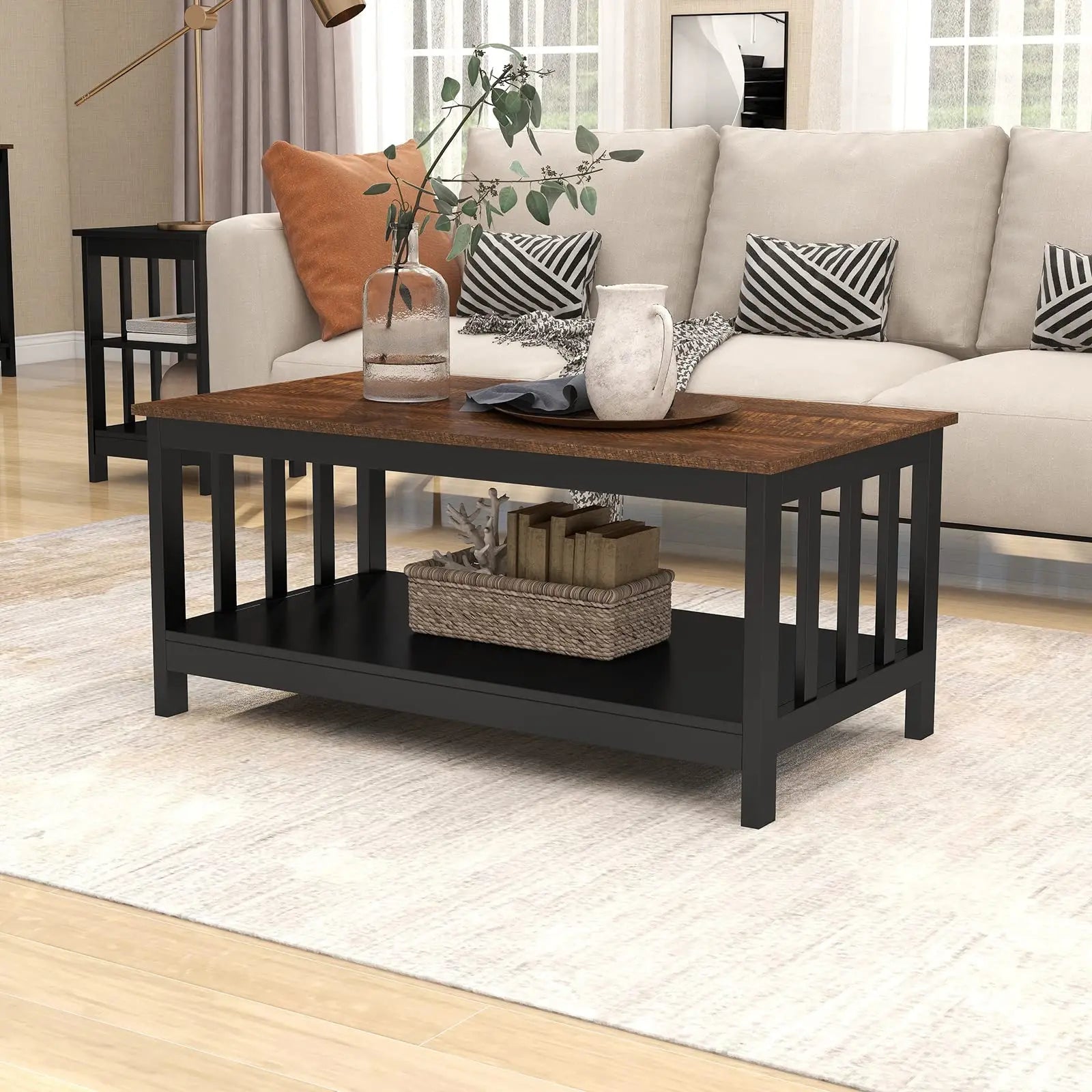 Black Farmhouse Coffee Table with Shelf, 40 Inch Living Room Table ChooChoo