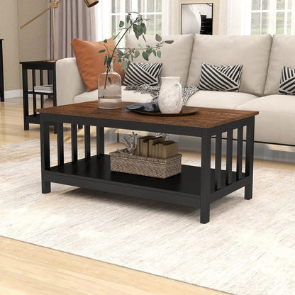 Black Farmhouse Coffee Table with Shelf, 40 Inch Living Room Table ChooChoo