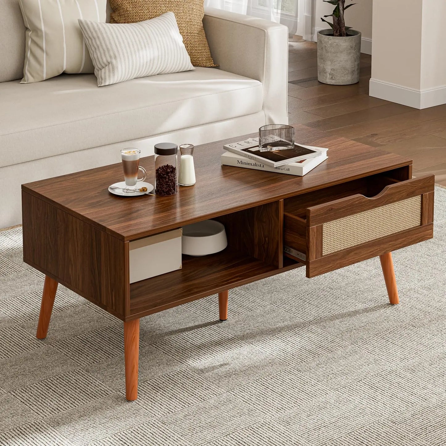 Boho Coffee Table with Rattan Drawer and Solid Wood Legs, Small Living Room Table with Storage, Walnut ZttRiee