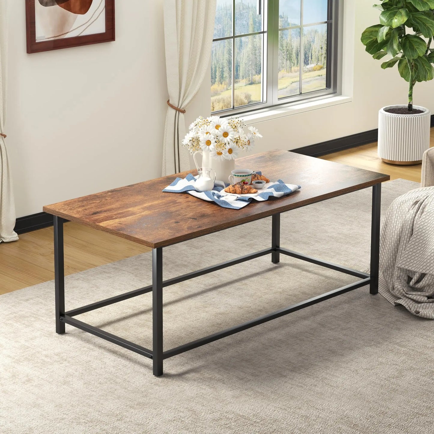 Modern Industrial Rectangular Coffee Table, Brown Wood and Metal Frame, Rustic Accent Table for Living Room, 39.3"x20"x16" SENIG