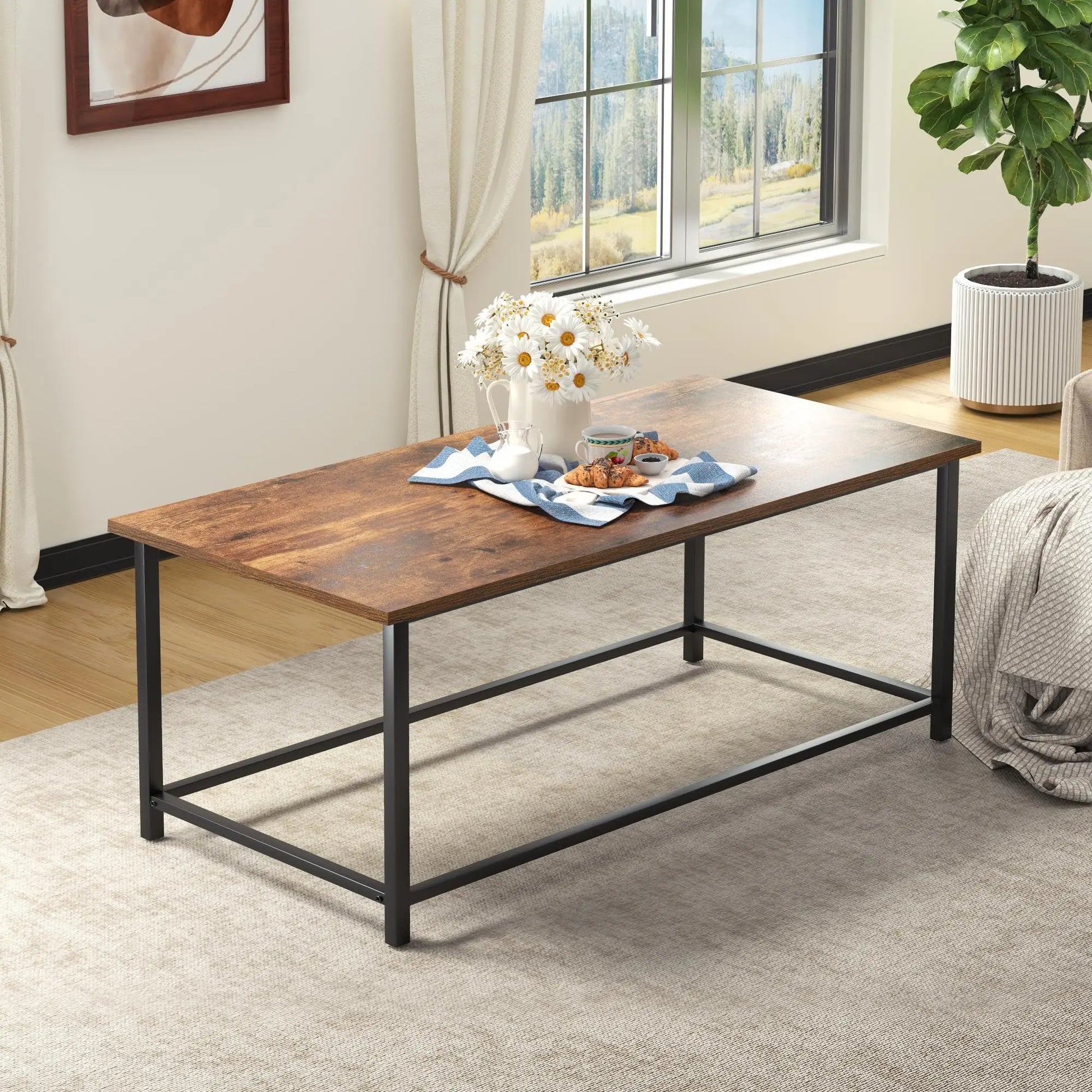 Modern Industrial Rectangular Coffee Table, Brown Wood and Metal Frame, Rustic Accent Table for Living Room, 39.3"x20"x16" SENIG