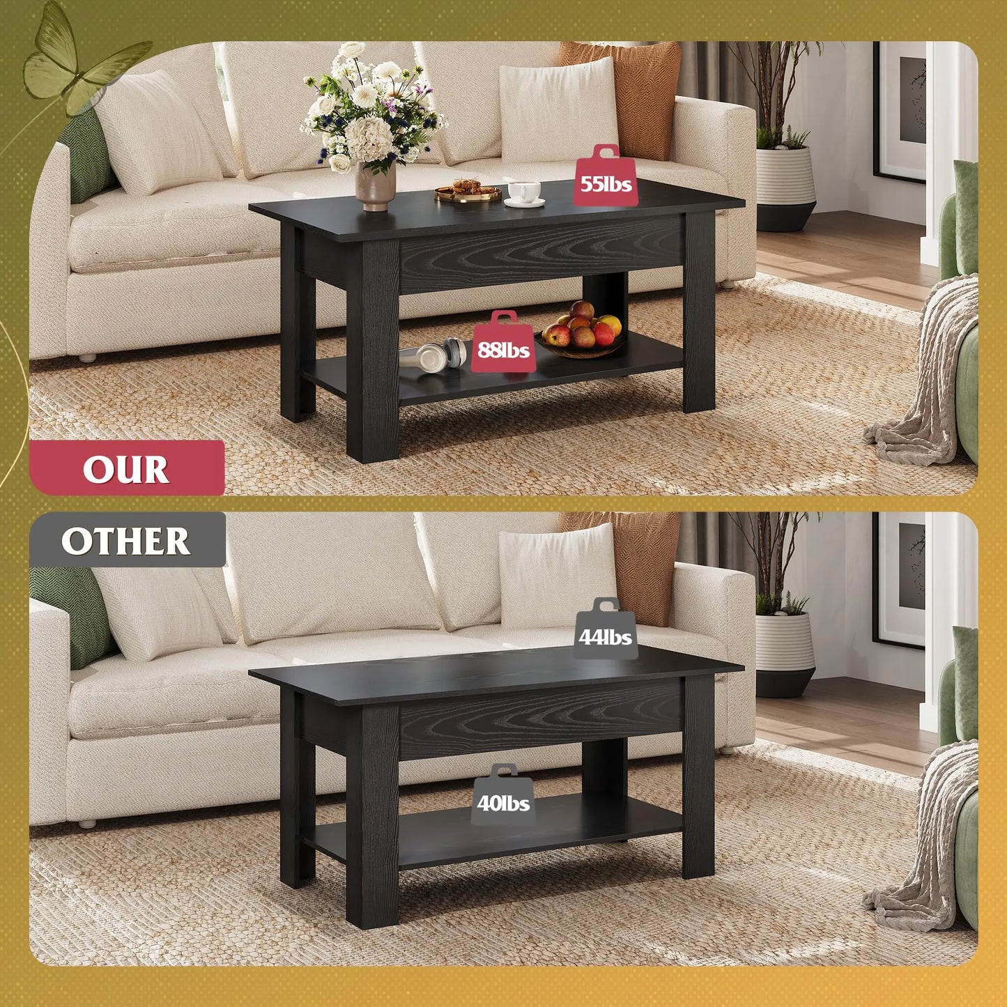 39" Lift Top Coffee Table with Hidden Compartment and Storage Shelf for Living Room or Office, Black Oak WLIVE