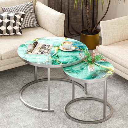 Nesting Coffee Table Set of 2, Round Green Art Top Tables with Sturdy Metal Frame for Living Room or Bedroom, Modern Industrial Style aboxoo