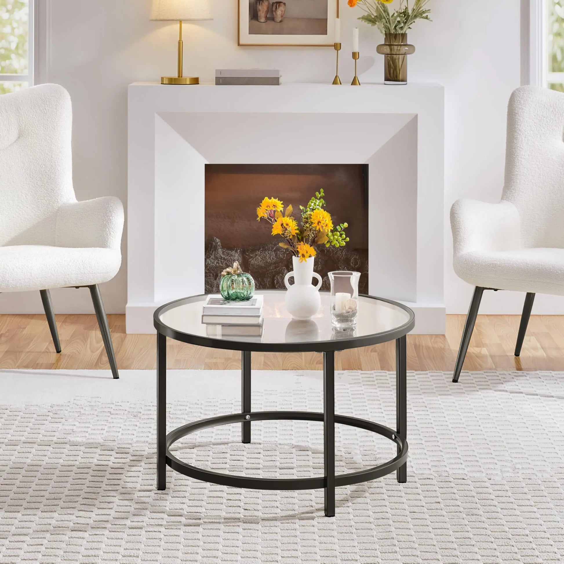 27.6" Round Glass Coffee Table with Black Metal Frame for Living Room, Office, or Apartment - Ruche Bee