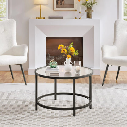 27.6" Round Glass Coffee Table with Black Metal Frame for Living Room, Office, or Apartment - Ruche Bee