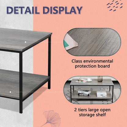 2-Tier Coffee Table with Storage Shelf, Grey Oak Wood and Metal Frame Rectangle Table for Living Room, 39.3"x20"x16" SENIG