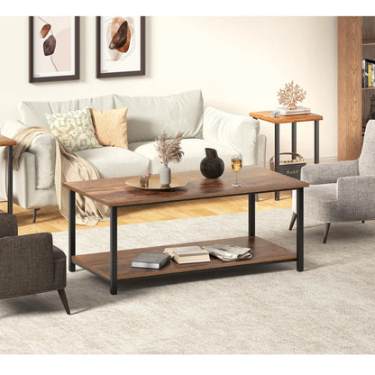 2-Tier Coffee Table with Storage Shelf, Brown Wood and Metal Frame Rectangle Table for Living Room, 39.3"x20"x16" SENIG
