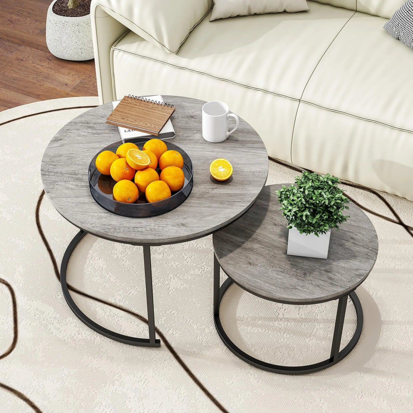 Nesting Round Coffee Table Set of 2, Wooden Accent Tables with Metal Frame for Living Room, Stacking Side Tables, Black/Warm Grey HOJINLINERO